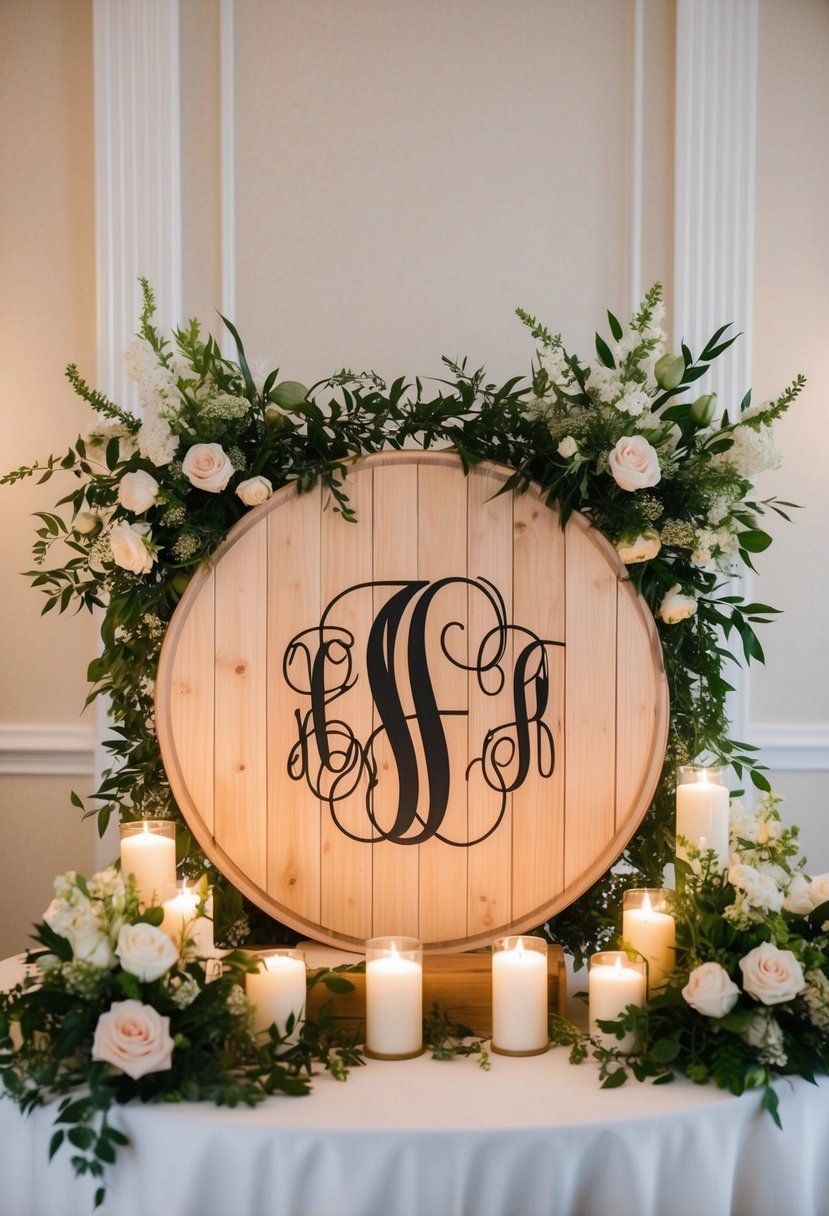 A beautiful wooden sign with custom monogrammed wedding initials, surrounded by elegant floral arrangements and soft candlelight