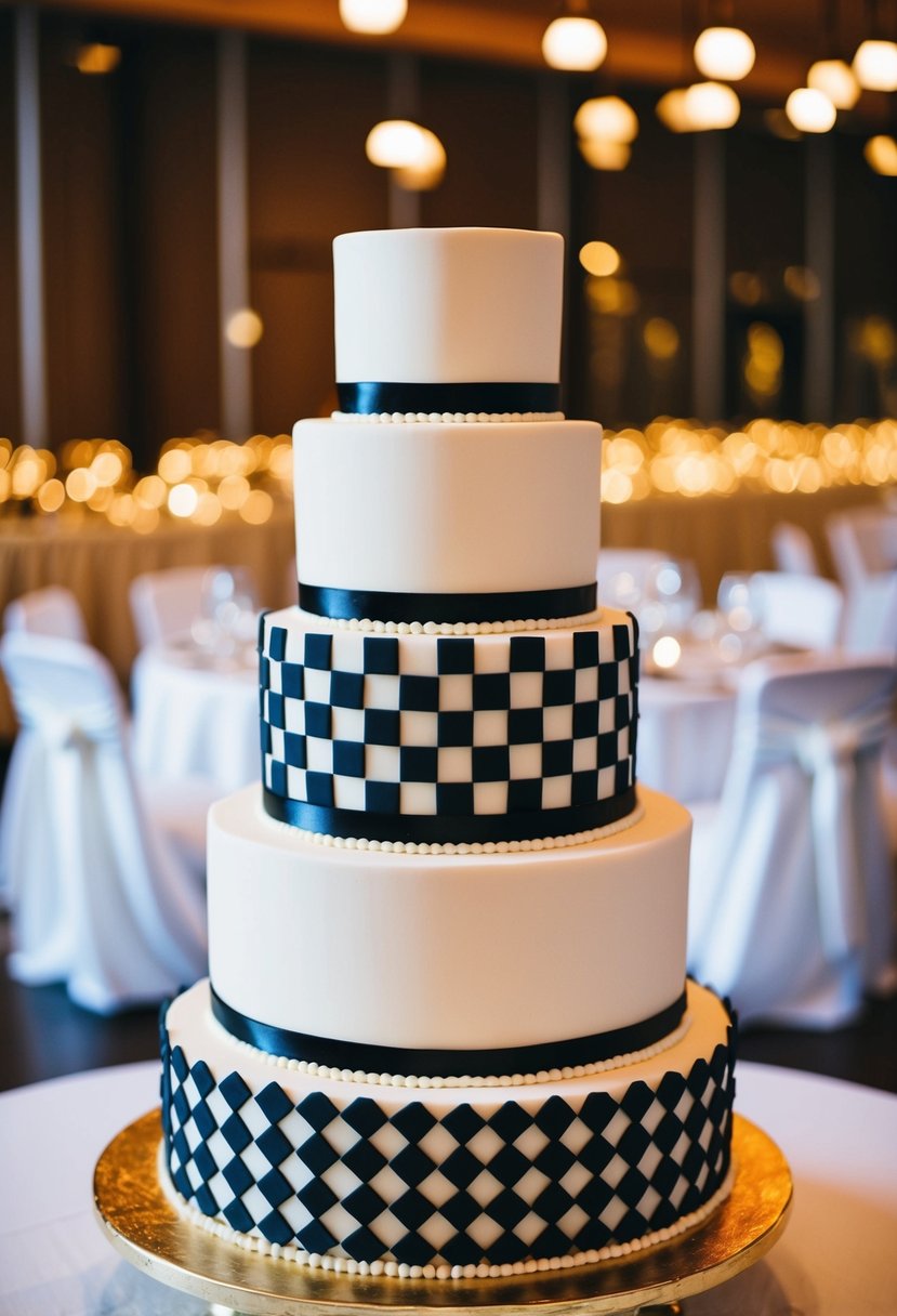 A three-tiered wedding cake with alternating black and white geometric patterns