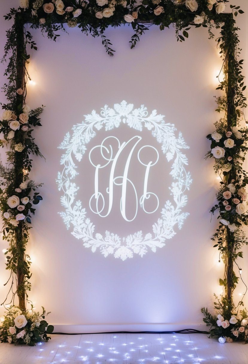 A wedding monogram is projected onto a white wall, surrounded by twinkling fairy lights and floral decorations