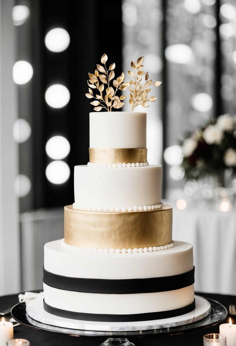 A three-tiered wedding cake with gold adornments on a black and white color scheme