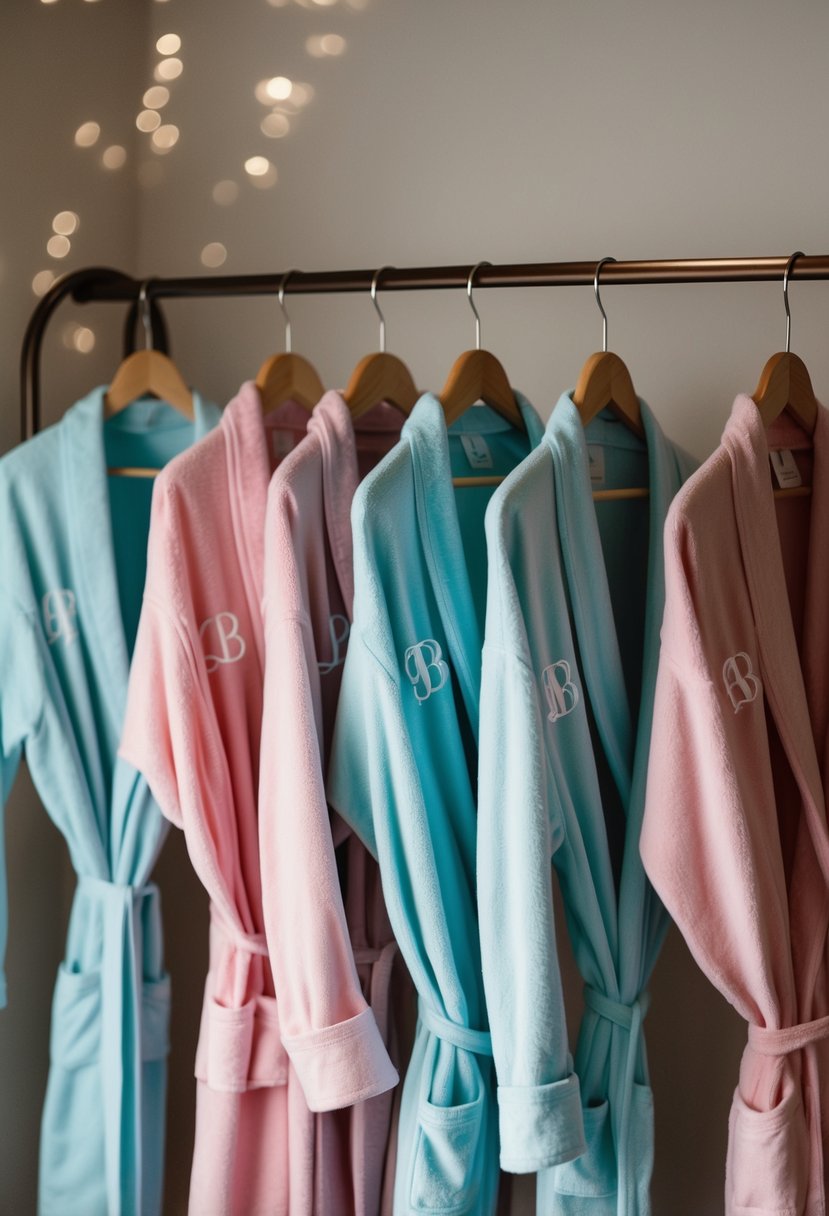 A group of personalized monogram robes hanging on a decorative rack