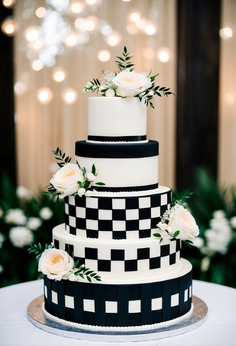 A three-tiered wedding cake with alternating black and white checkerboard pattern, adorned with elegant floral accents