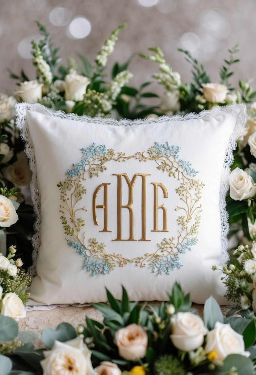 A decorative pillow with a wedding monogram surrounded by elegant floral arrangements and delicate lace accents