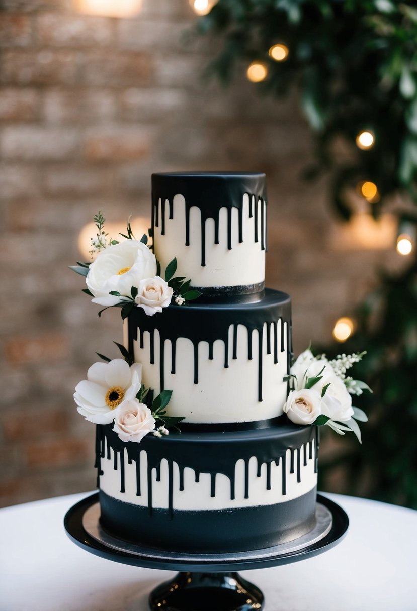 A three-tiered wedding cake with black and white drip-style icing, adorned with minimalistic floral accents