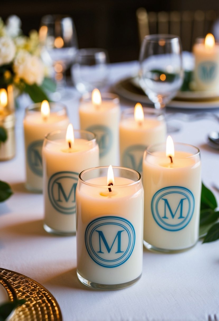 A table set with personalized scented candles, each bearing a unique monogram, arranged as wedding decor