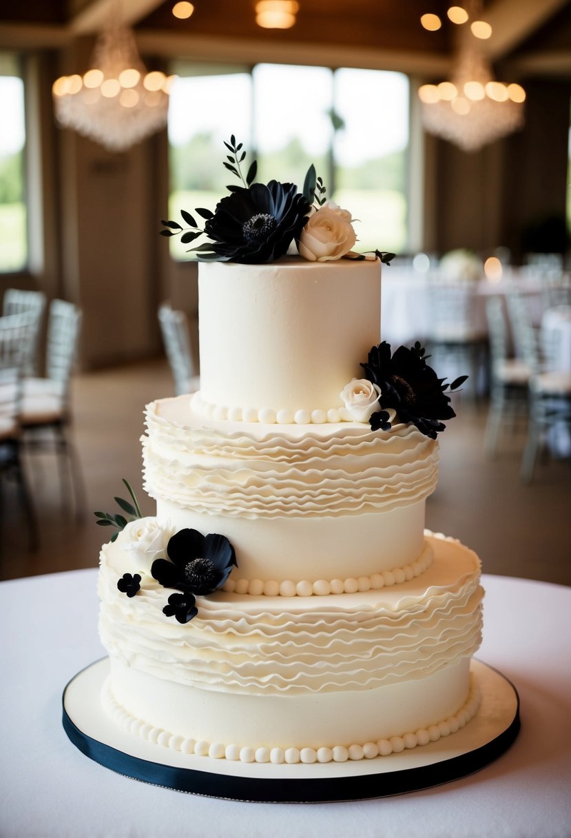 A three-tiered wedding cake with ruffled layers, adorned with black and white floral designs