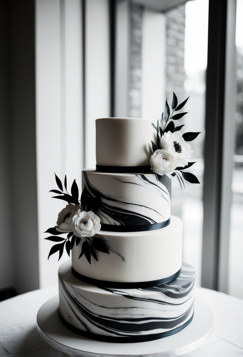 A three-tiered wedding cake with a marble effect in black and white, adorned with elegant silhouettes of flowers and leaves