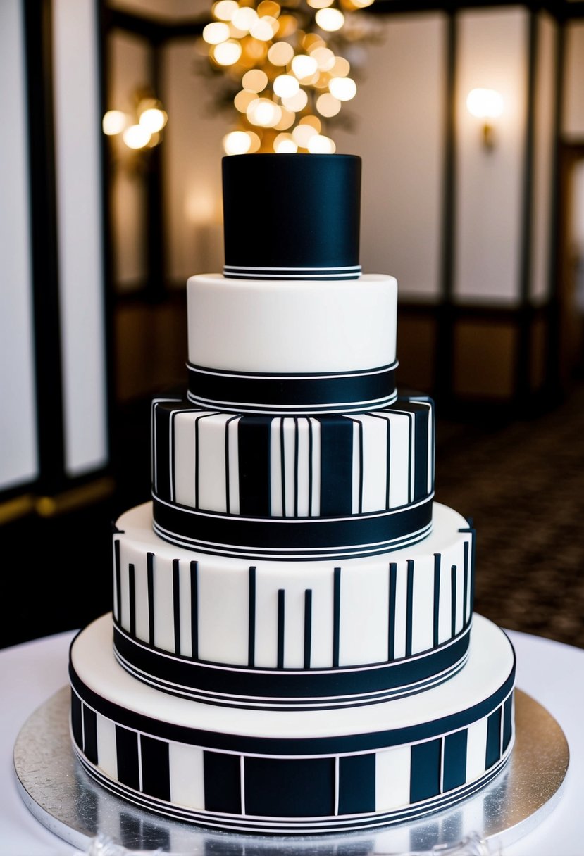 A tiered wedding cake with sleek black and white Art Deco patterns and geometric shapes