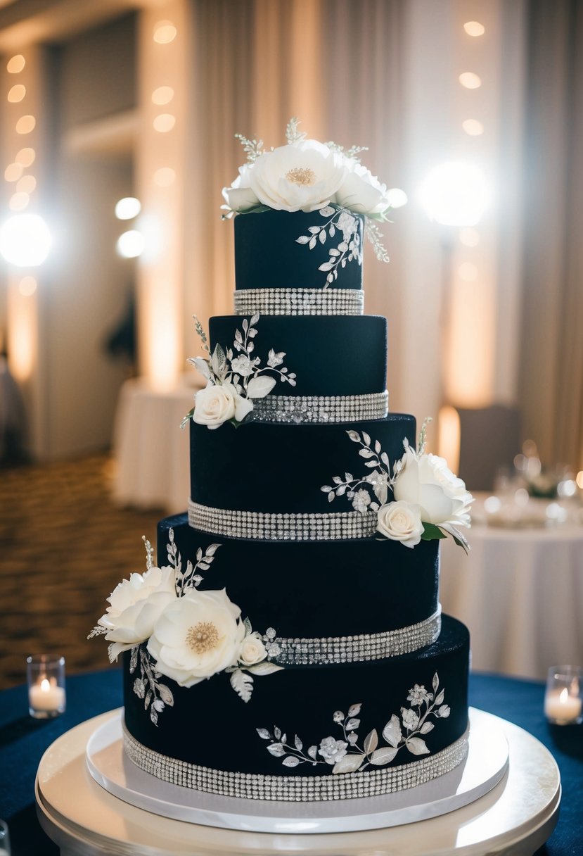 A three-tiered wedding cake with a dramatic black velvet finish, adorned with intricate white floral designs and elegant silver accents