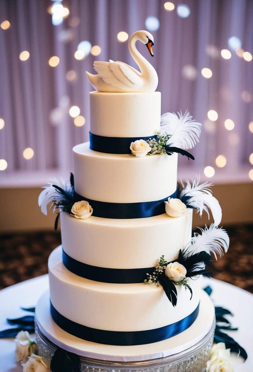 A three-tiered wedding cake adorned with black and white swan figurines, surrounded by delicate feathers and floral accents