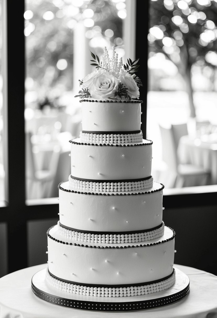 A three-tiered wedding cake with delicate pearl details in black and white