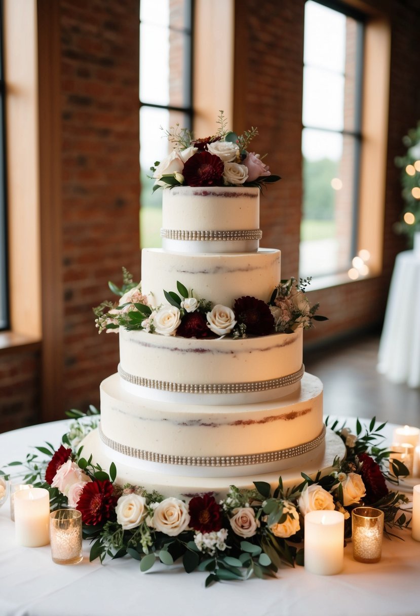 A tiered wedding cake stand adorned with floral decorations and surrounded by soft candlelight