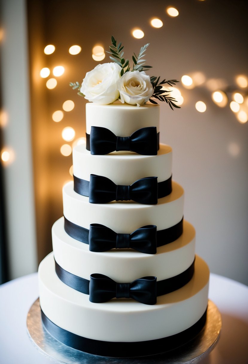 A three-tiered wedding cake with alternating black and white layers, adorned with elegant tuxedo-style bowties and buttons