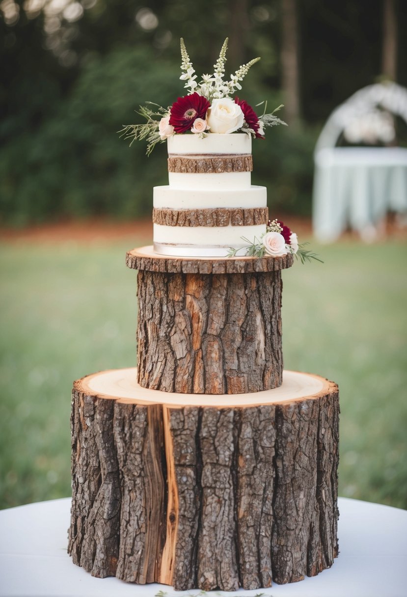 A rustic log slice wedding cake stand with floral accents