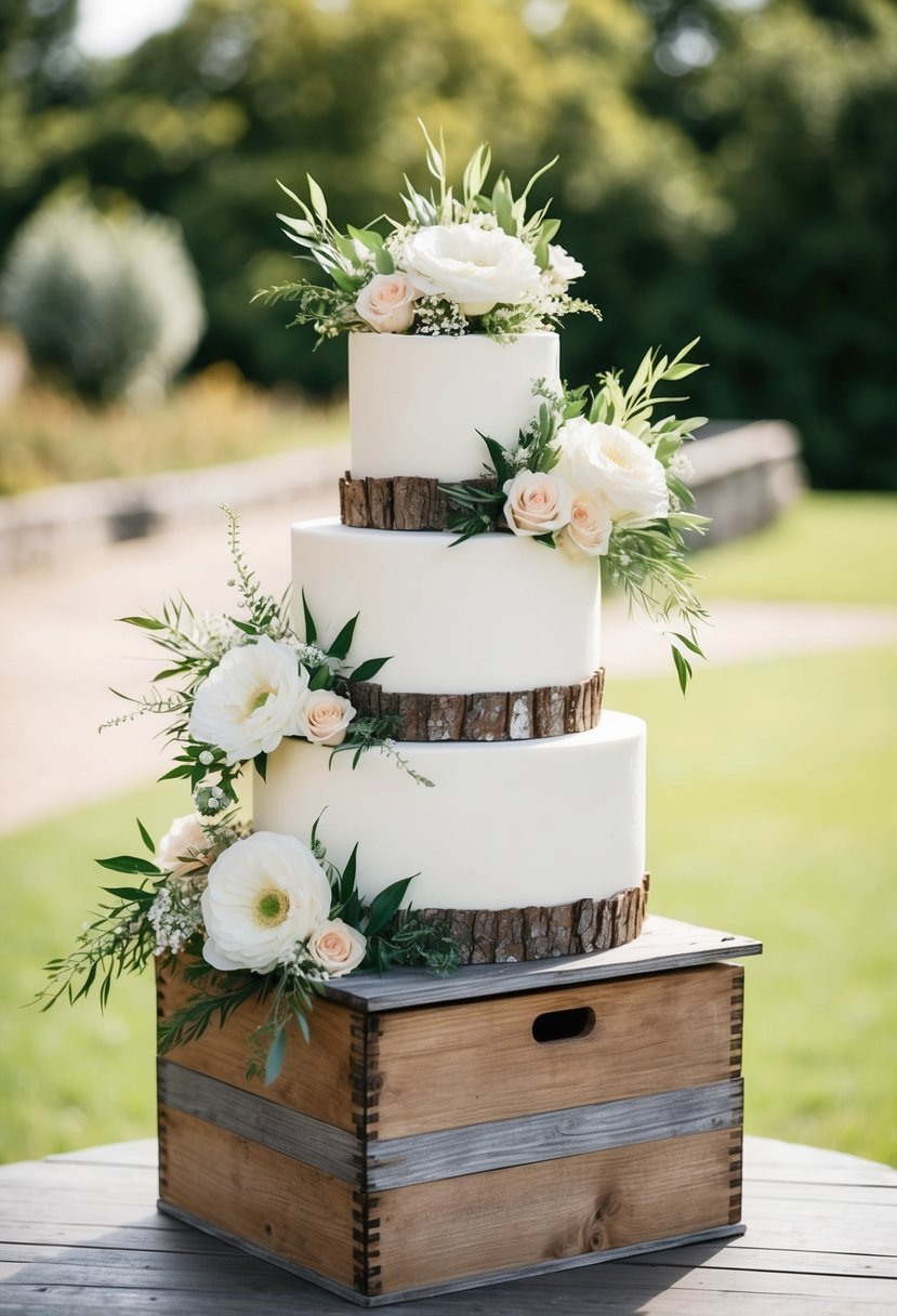 A weathered wooden box supports a tiered wedding cake, adorned with flowers and greenery