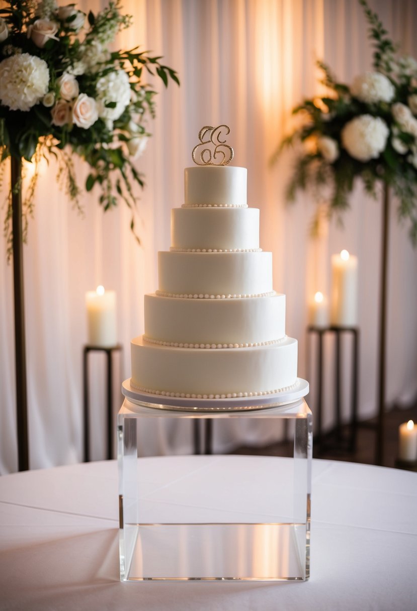 A gleaming acrylic plinth adorned with a tiered wedding cake, set against a backdrop of elegant floral arrangements and soft candlelight