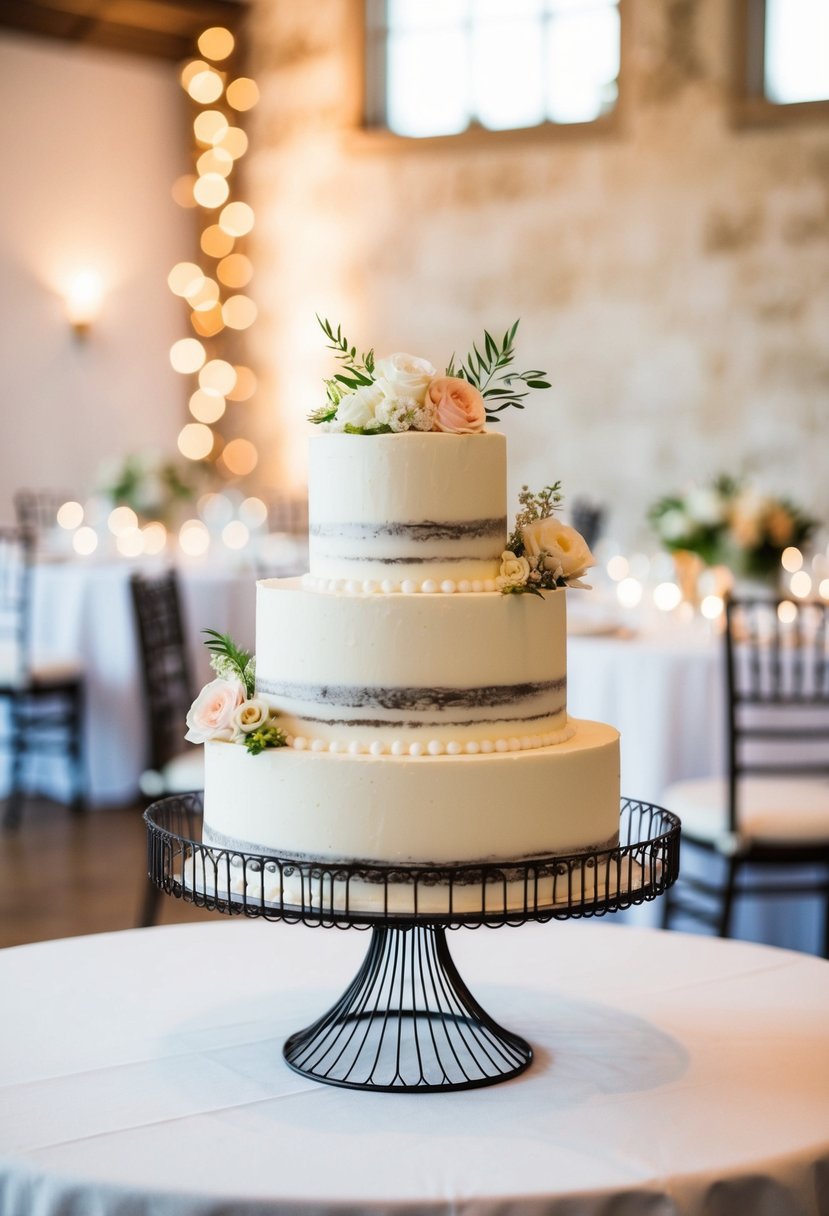 A three-tiered wire stand holds a wedding cake with delicate decorations and floral accents