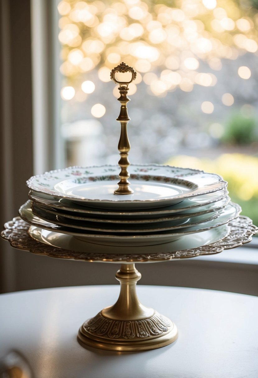 A vintage-inspired cake stand with intricate plate designs, adorned with delicate details and elegant patterns