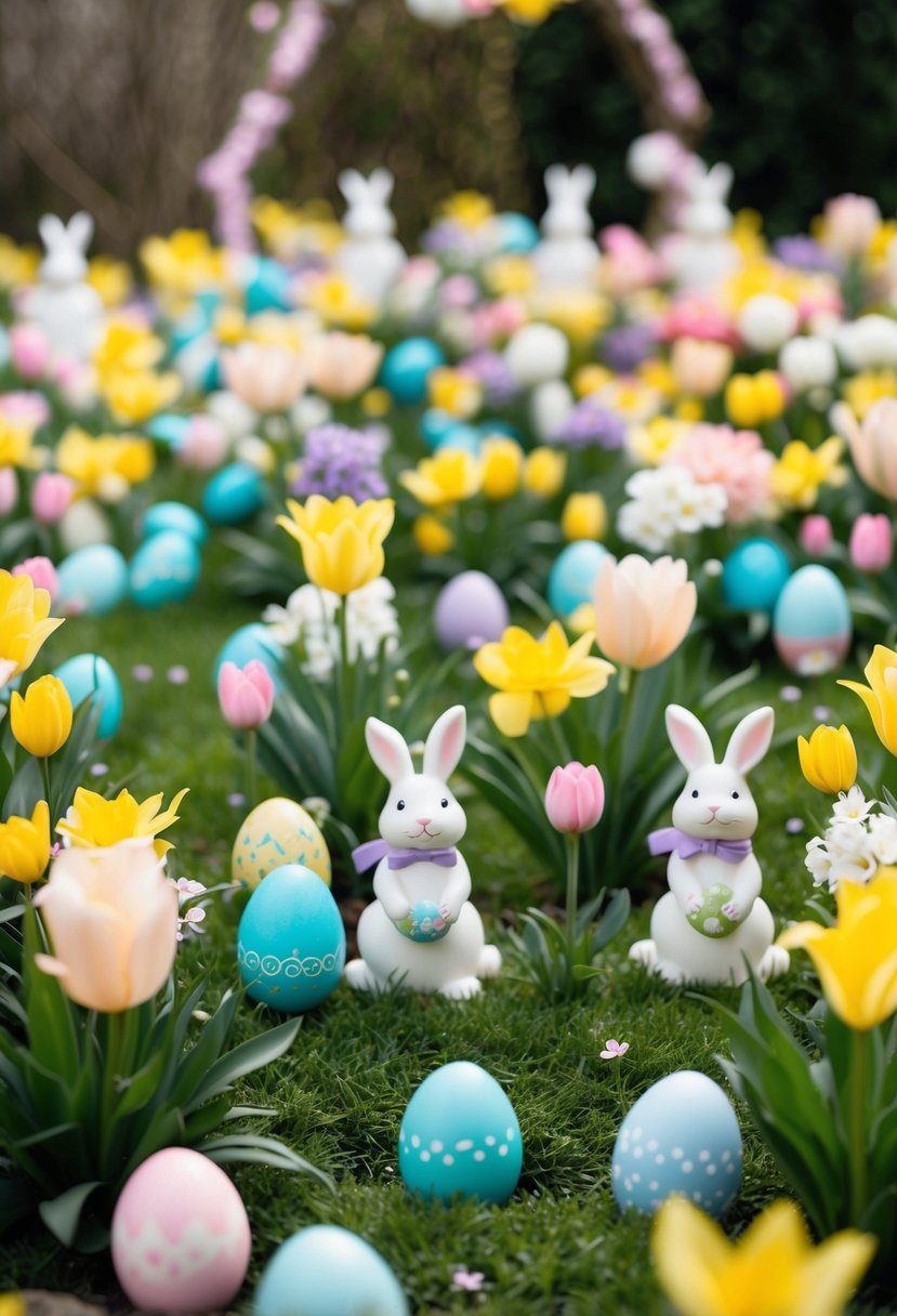 A garden filled with pastel-colored flowers and decorated with Easter eggs, bunnies, and spring-themed ornaments for a wedding celebration