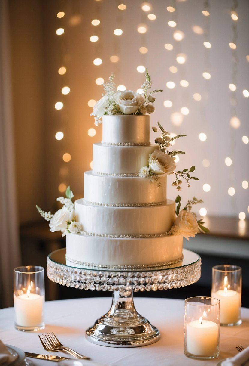 A sparkling mirror cake stand holds a tiered wedding cake, surrounded by soft candlelight and delicate floral arrangements