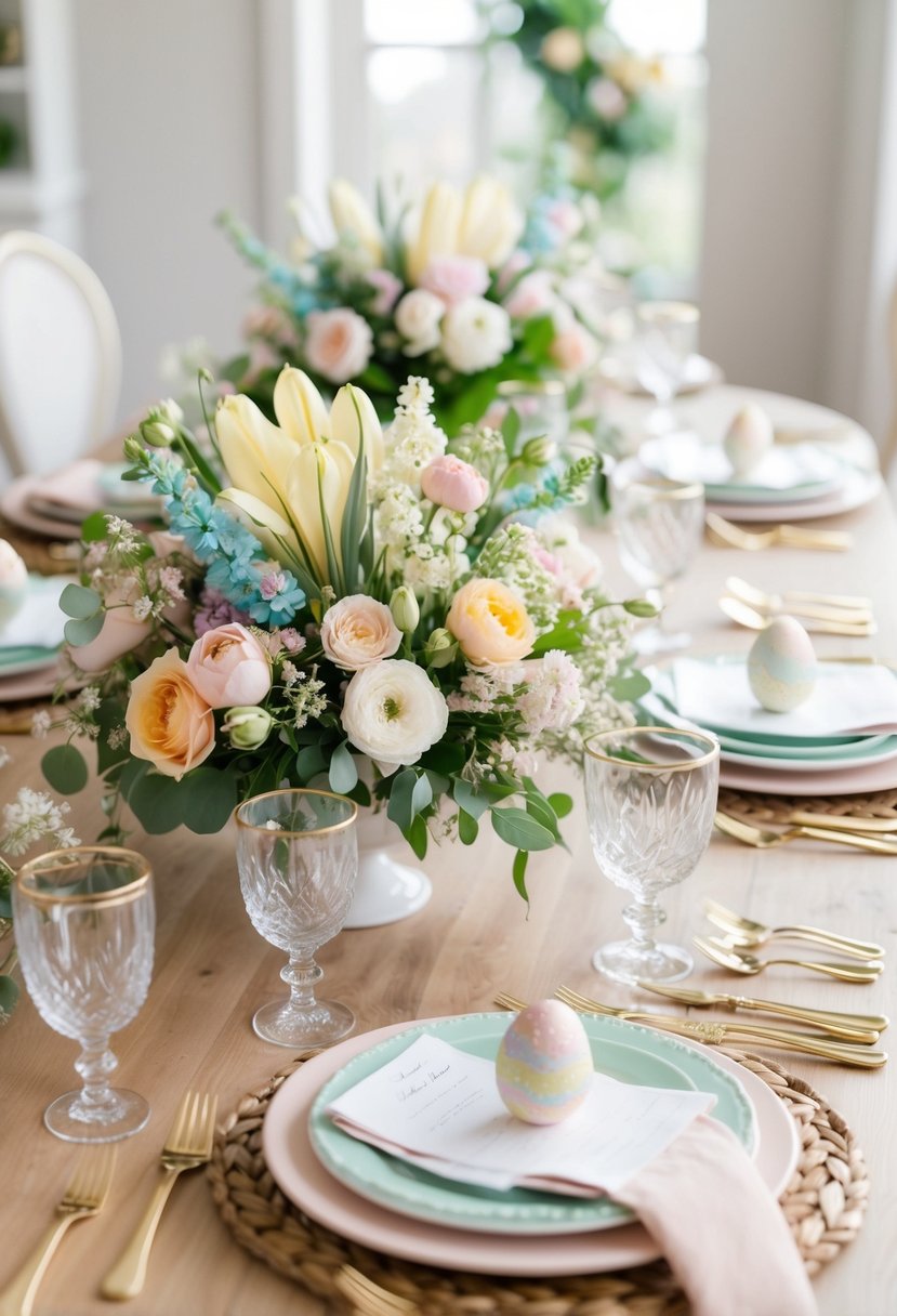 A table adorned with pastel floral arrangements, set for an Easter wedding celebration