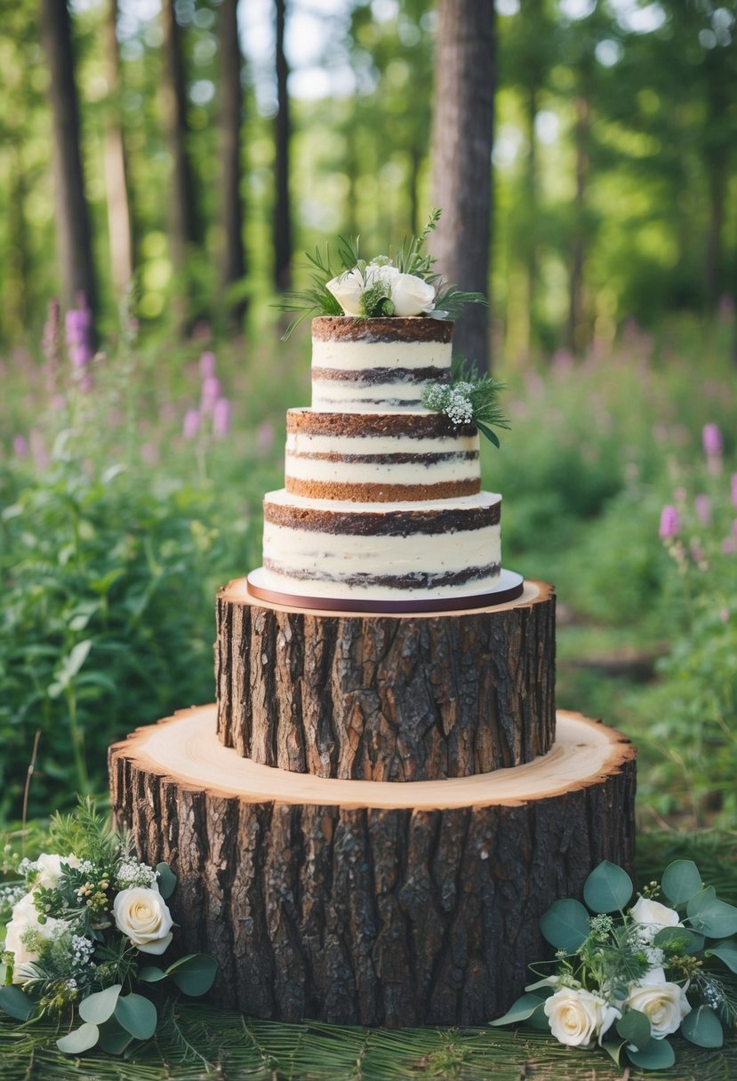 A rustic wedding cake displayed on a raised log slice stand, surrounded by woodland greenery and wildflowers