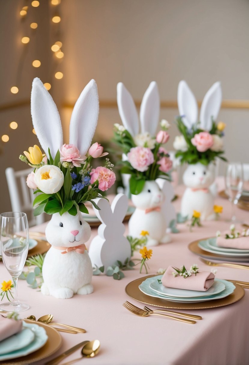 Bunny-shaped table centerpieces arranged on pastel tablecloths with spring flowers and delicate place settings