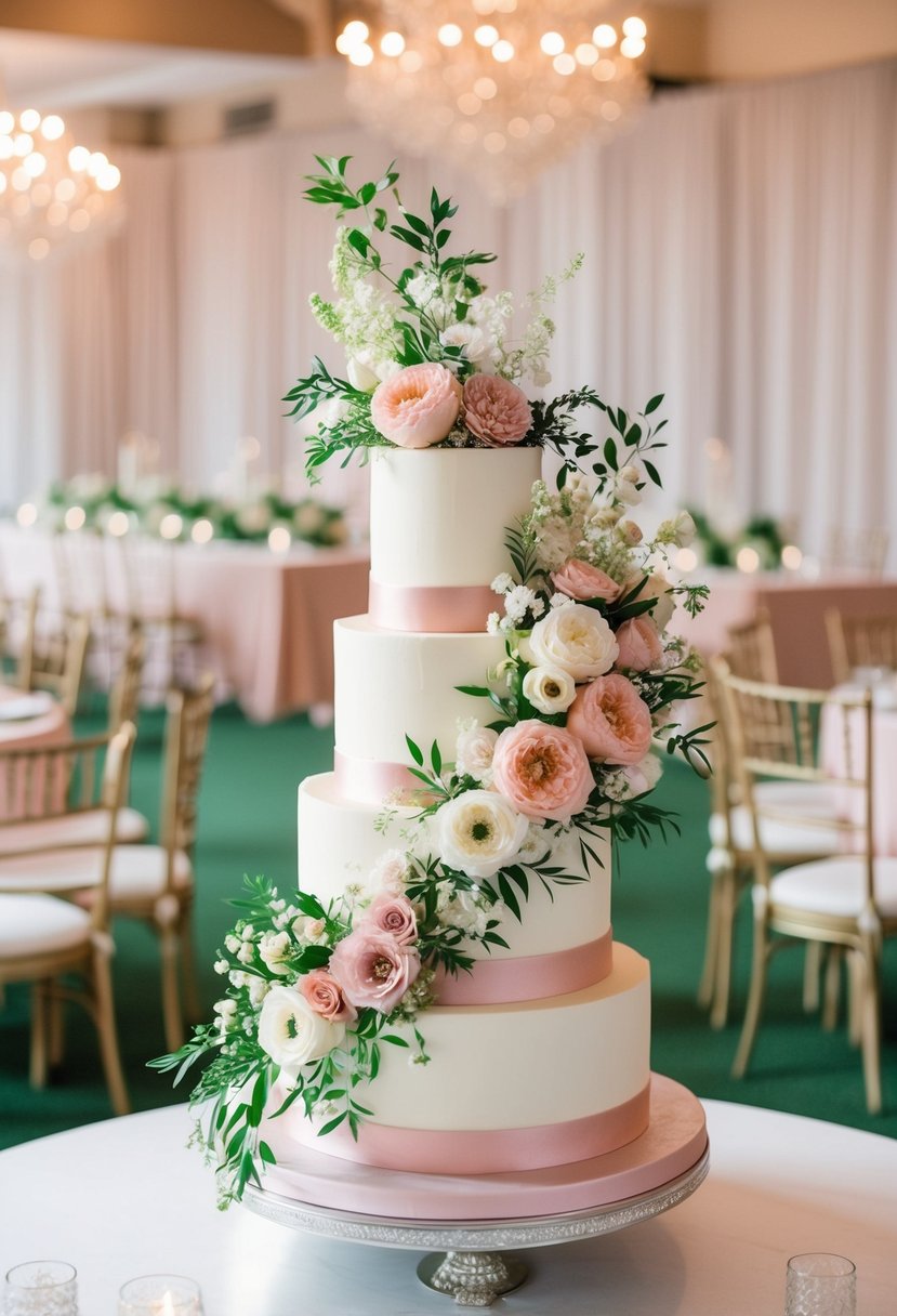 A tiered wedding cake stand adorned with cascading floral installations in shades of pink, white, and green