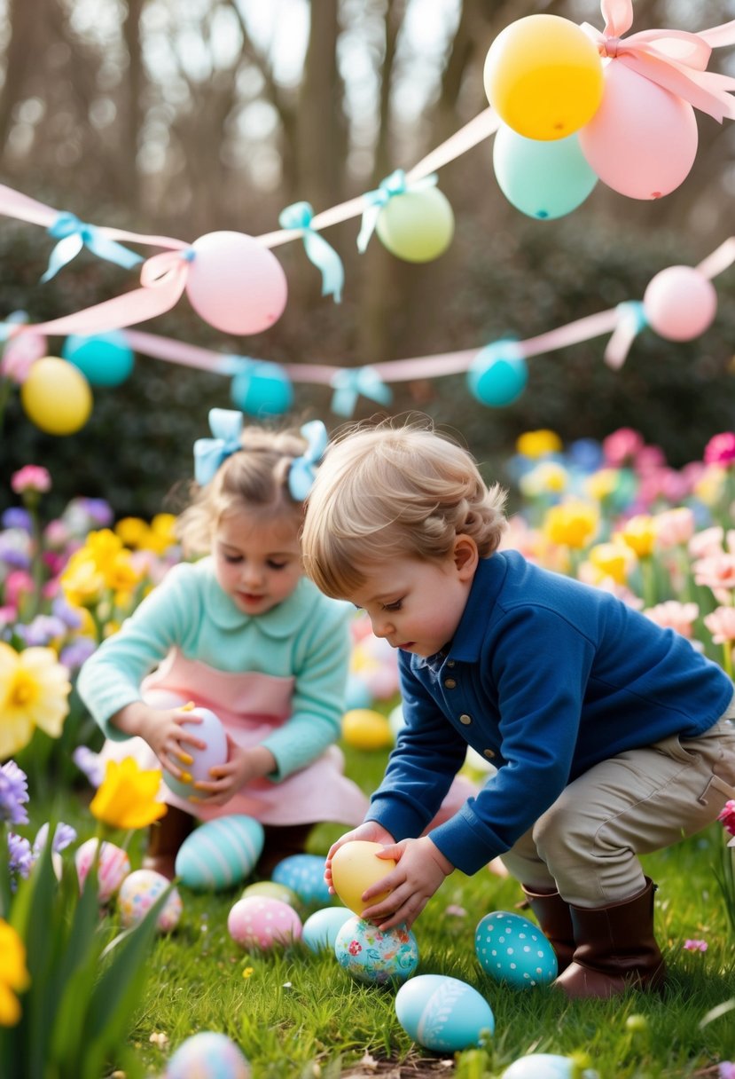 Children searching for Easter eggs in a garden filled with pastel-colored flowers and decorated with ribbons and bows