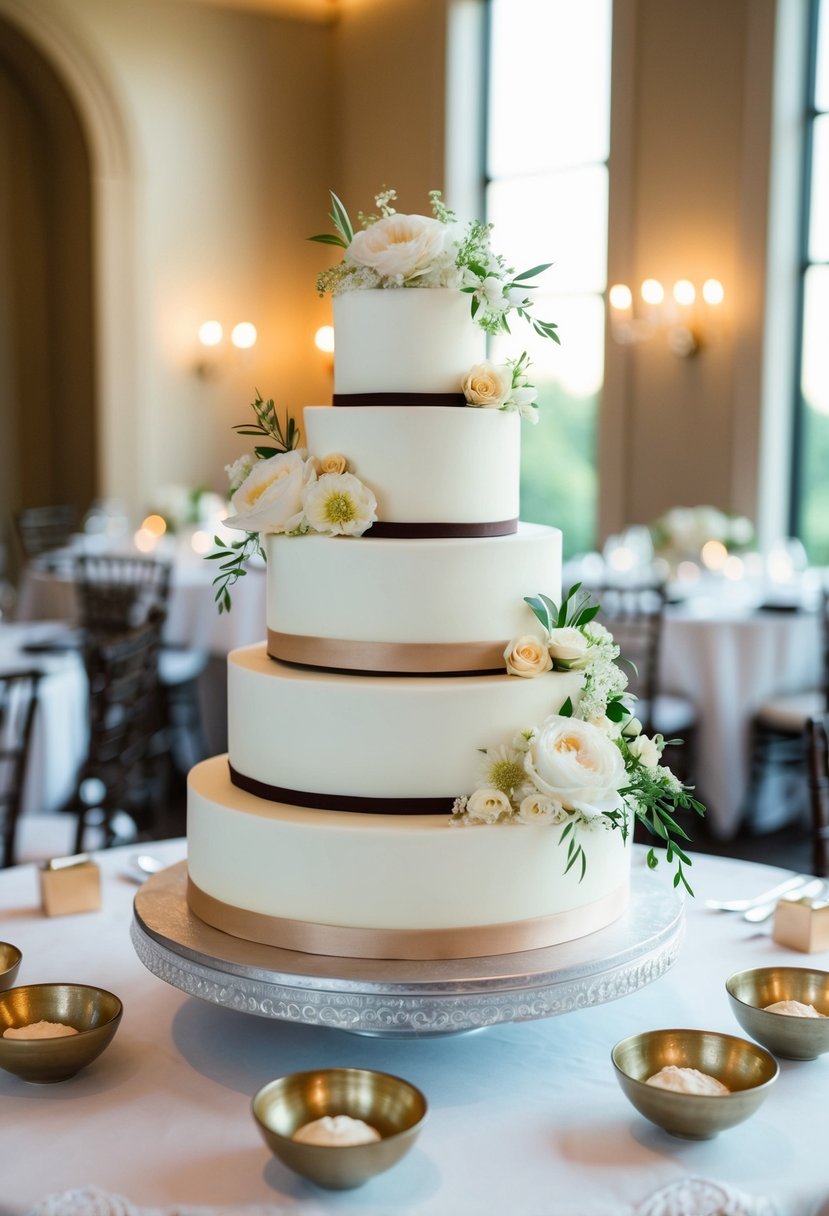 A tiered cake stand adorned with elegant bowls and floral accents for a wedding celebration