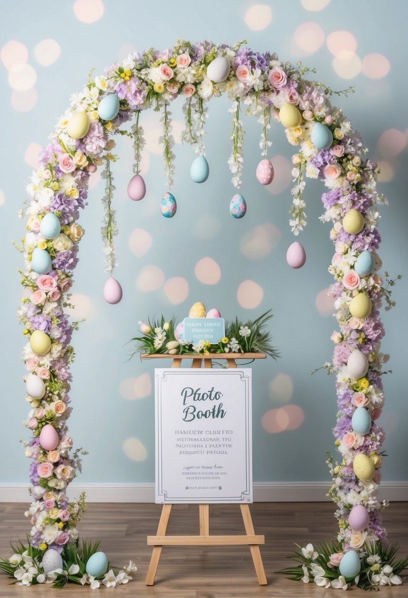 A pastel-colored flower arch frames a photo booth, adorned with Easter eggs and spring blooms. A sign invites guests to capture memories at the festive wedding celebration