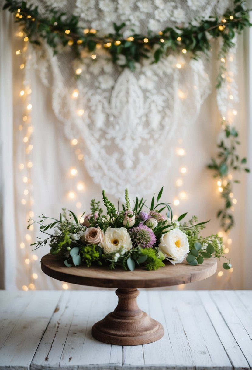 A rustic wooden cake stand adorned with fresh flowers and greenery, set against a backdrop of vintage lace and fairy lights