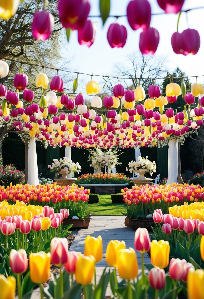 A garden venue adorned with colorful tulips, creating a festive and romantic atmosphere for an Easter wedding