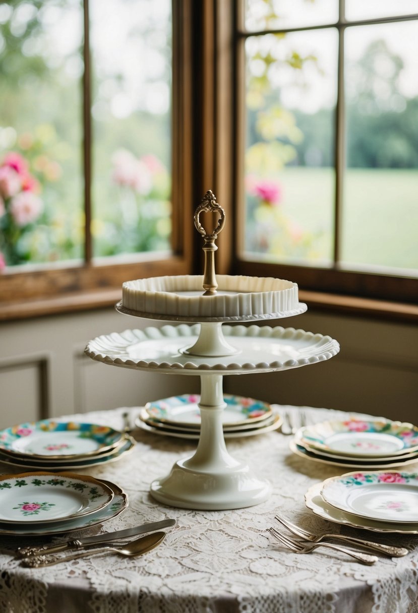 A vintage pedestal cake stand sits on a lace tablecloth surrounded by mismatched floral plates and antique silverware