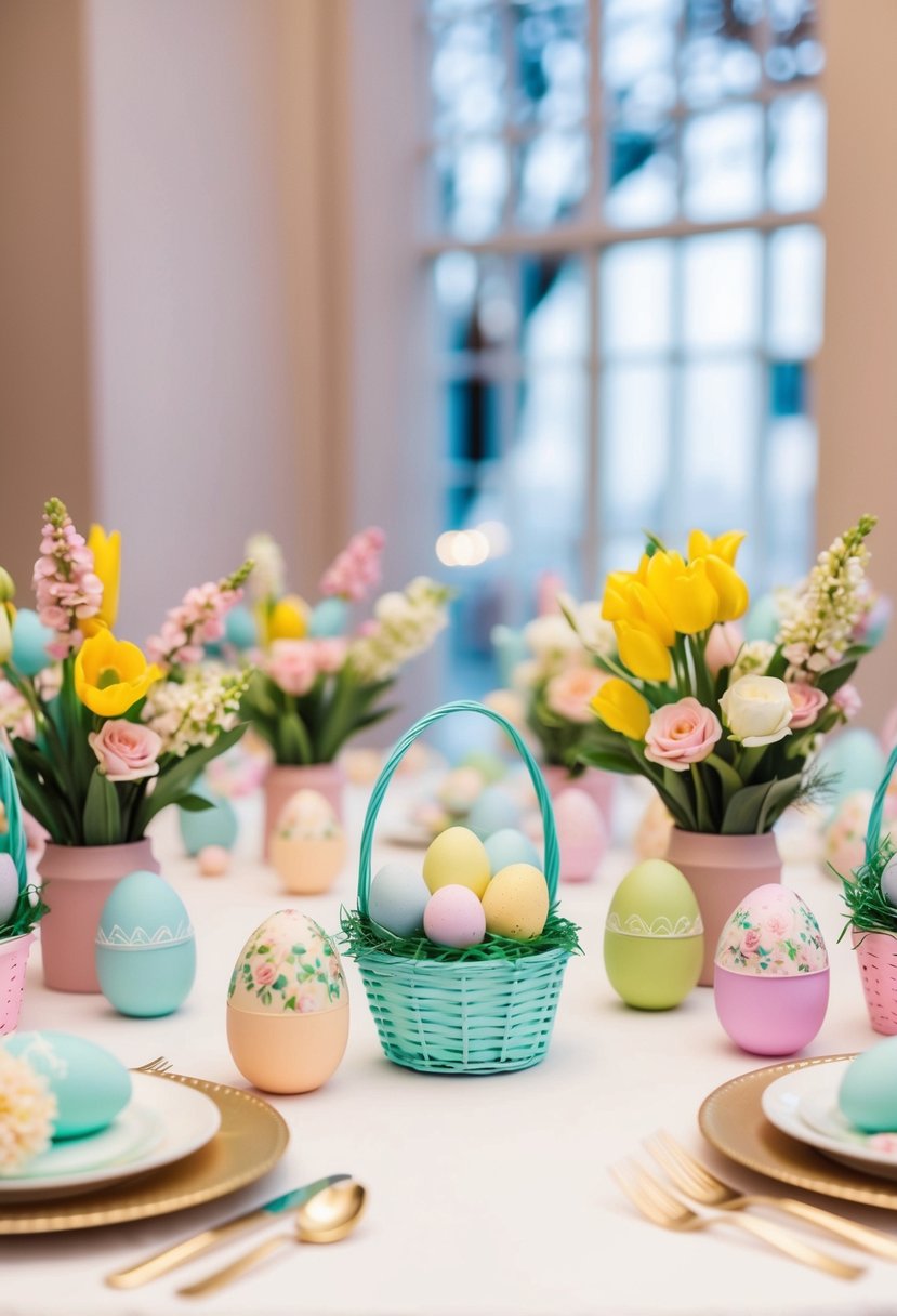 A table adorned with pastel-colored Easter-themed wedding favors, including mini baskets, decorated eggs, and floral arrangements