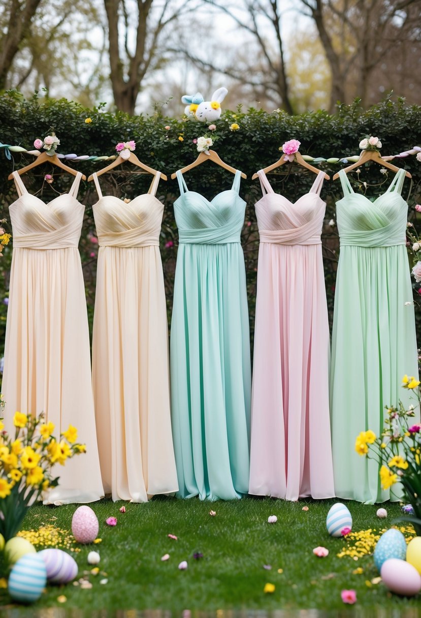 A group of pastel-colored convertible bridesmaid dresses arranged in a garden setting, surrounded by blooming flowers and Easter decorations