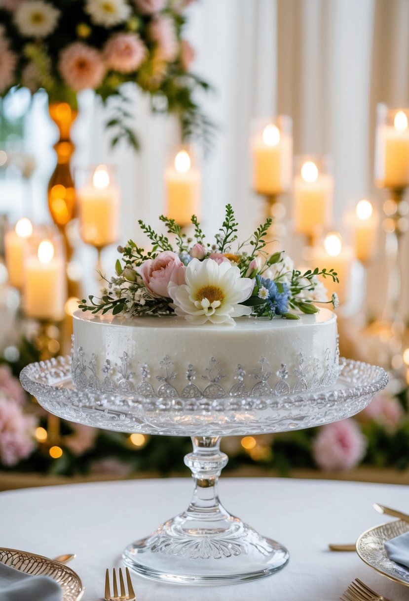 A sparkling glass cake stand adorned with delicate flowers and intricate designs, set against a backdrop of soft candlelight and elegant decor