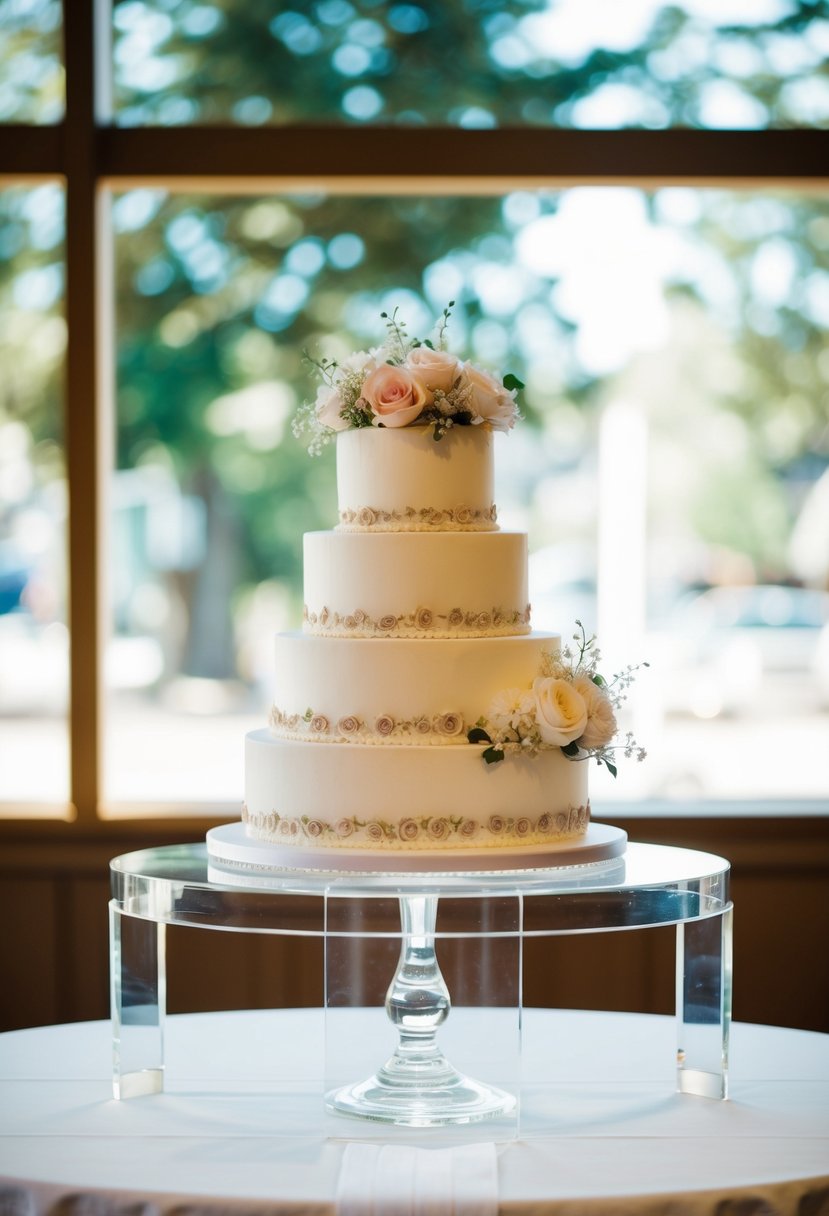 A clear acrylic stand floats above a table, supporting a multi-tiered wedding cake adorned with delicate flowers and intricate designs