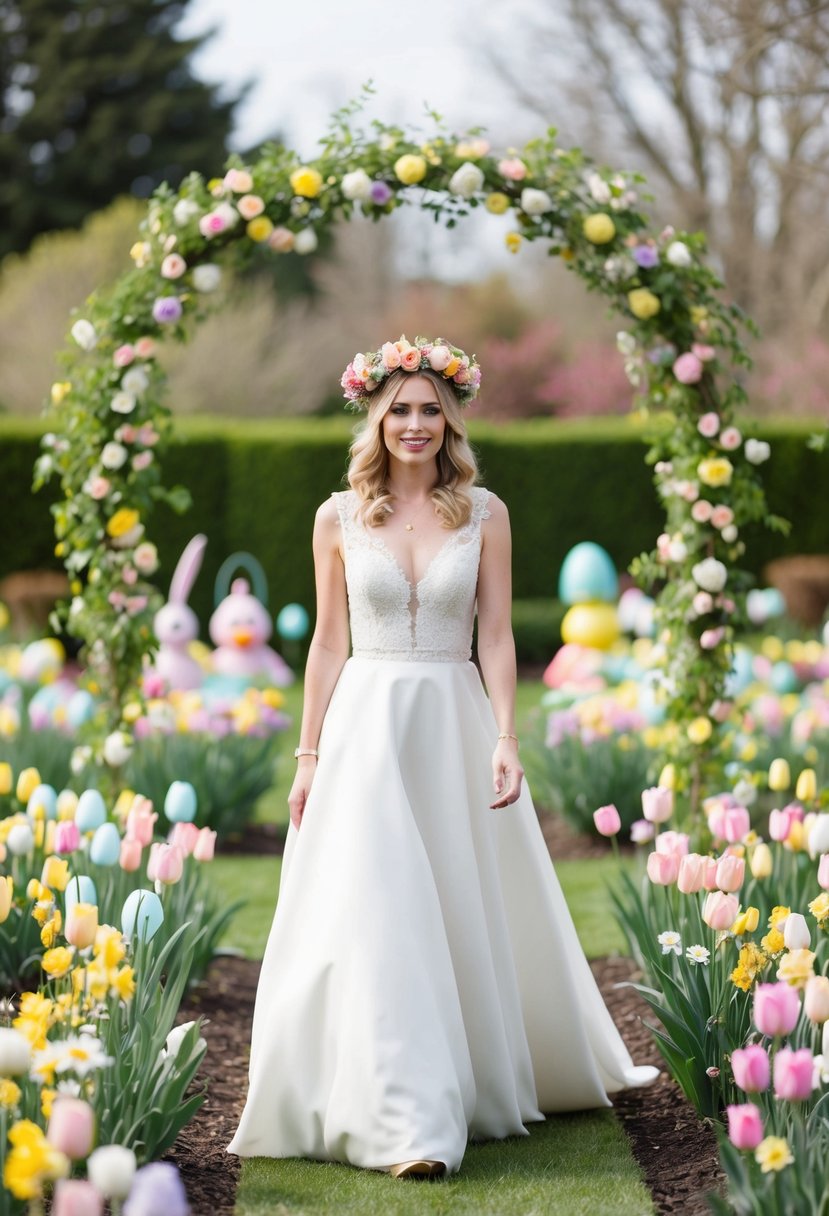 A bride wearing a floral crown headpiece walks through a garden filled with pastel-colored flowers and Easter decorations