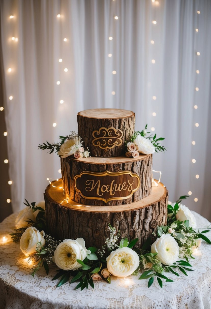 A rustic wooden cake stand adorned with personalized carvings sits atop a lace tablecloth, surrounded by delicate floral arrangements and twinkling fairy lights