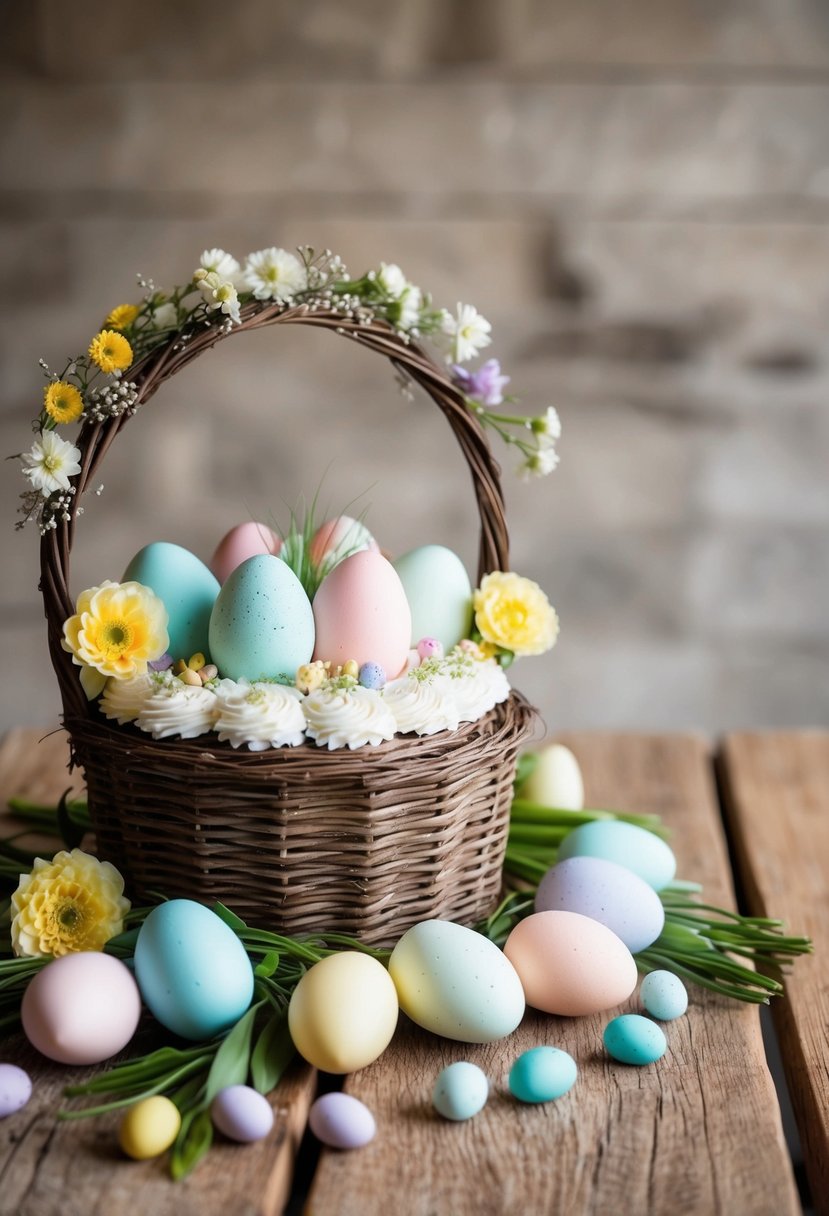 A rustic Easter basket cake sits on a wooden table, surrounded by pastel-colored eggs and fresh flowers, creating a charming display for an Easter wedding