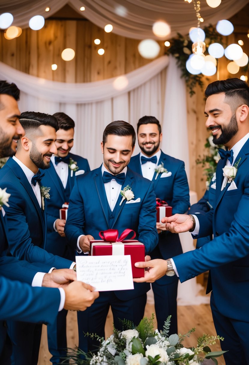 Groomsmen receiving personalized gifts and a handwritten note, surrounded by wedding-themed decor and celebratory atmosphere