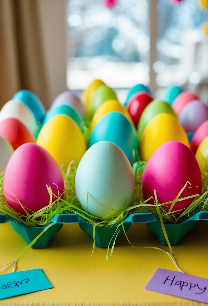 Colorful Easter eggs arranged on a table with name tags