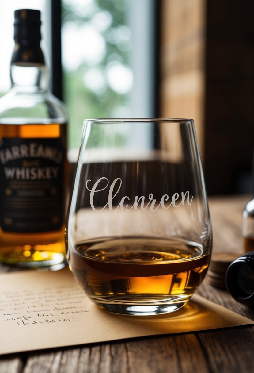 A personalized whiskey glass with an engraved name sits on a wooden table, surrounded by a bottle of whiskey and a handwritten note