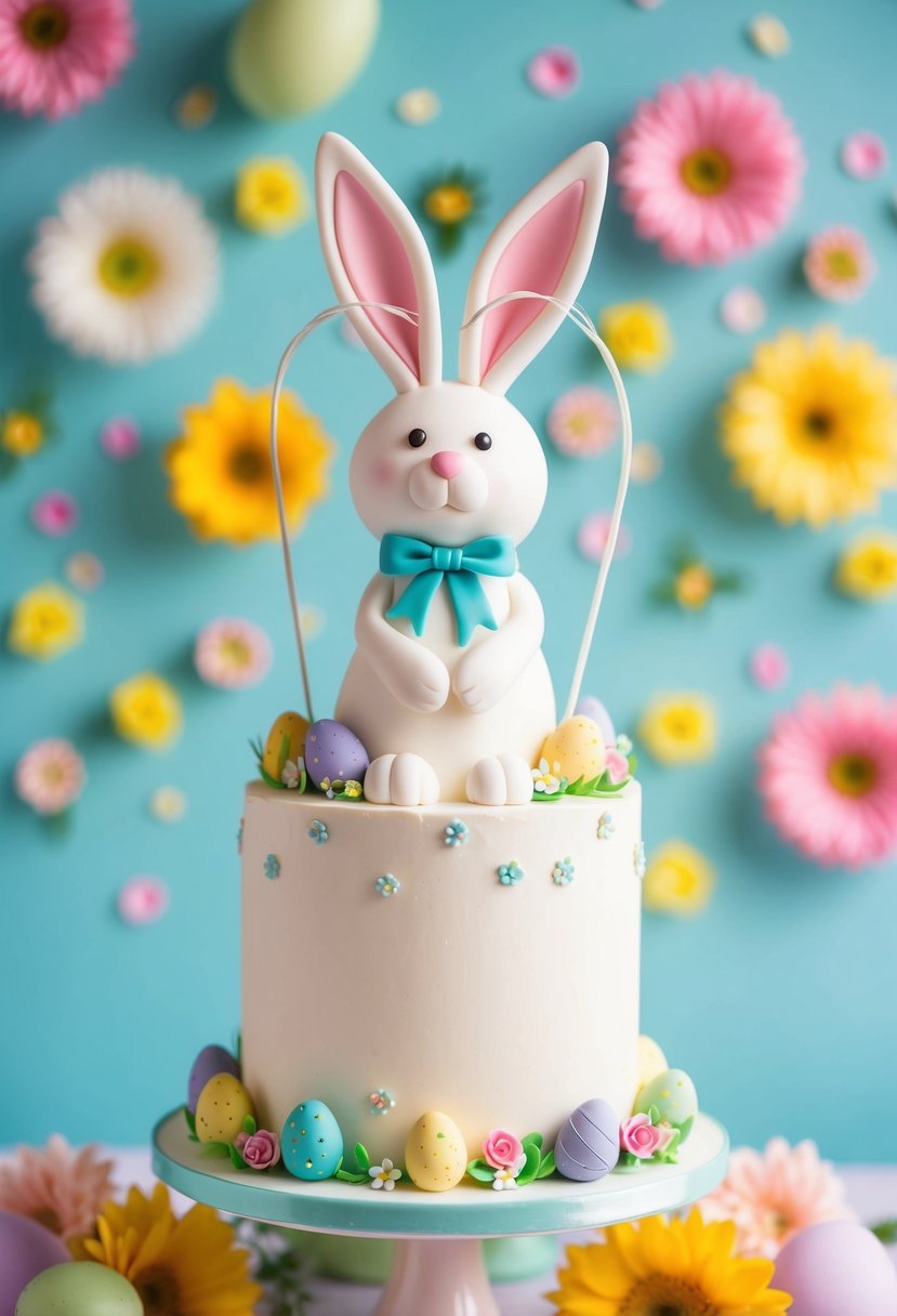 A whimsical rabbit-shaped cake topper adorns a festive Easter wedding cake, surrounded by colorful flowers and pastel decorations