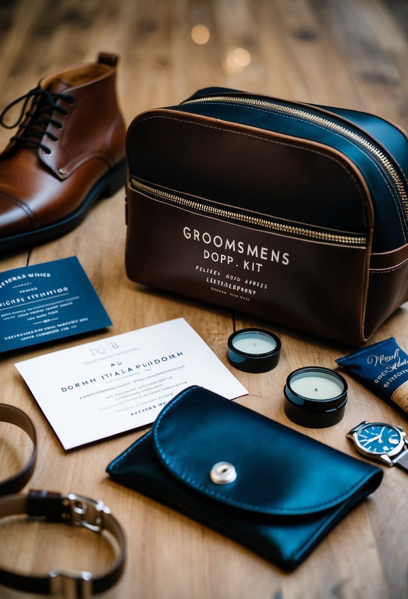 A personalized leather dopp kit surrounded by groomsmen's accessories and a wedding invitation