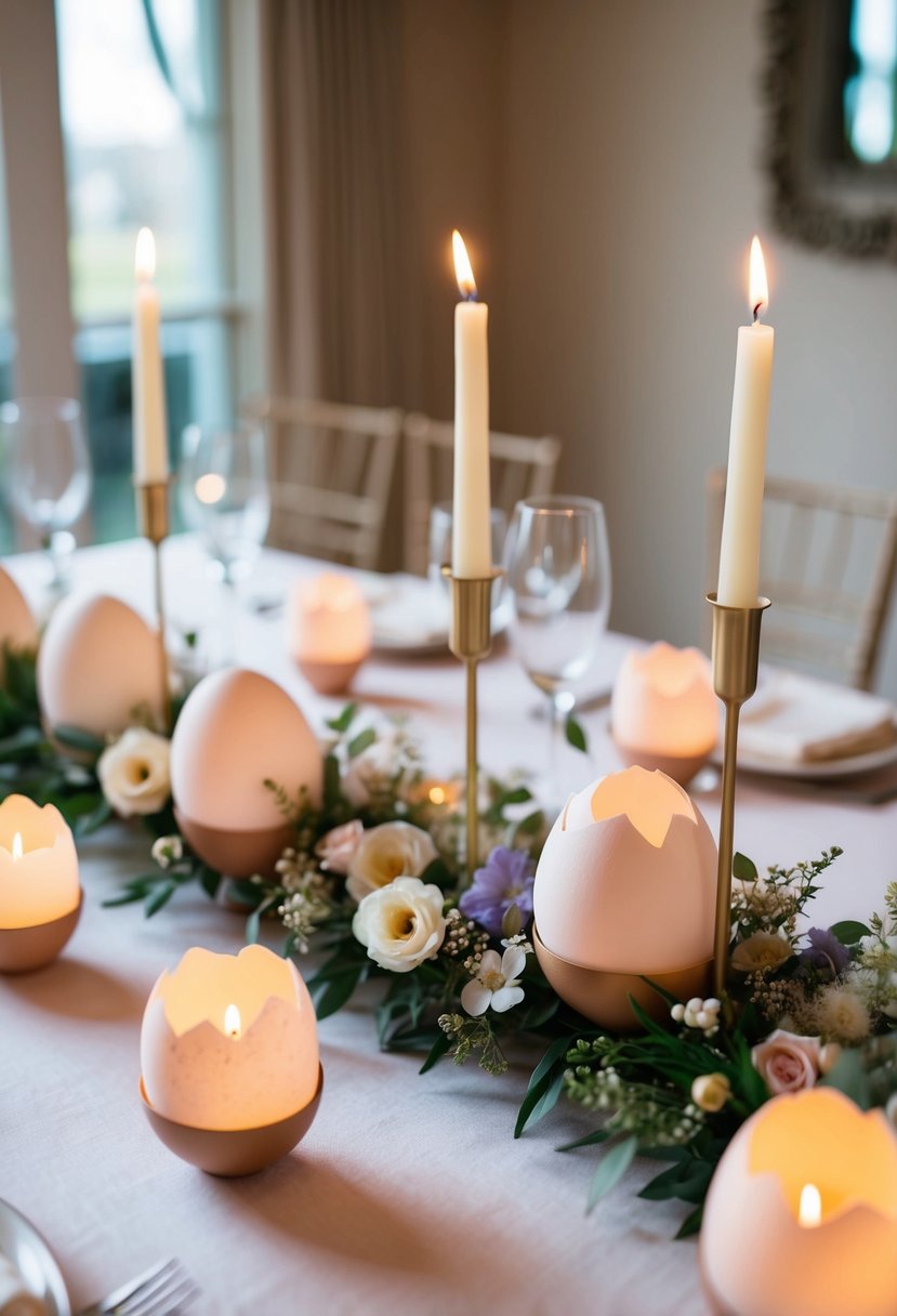 Eggshell candle holders arranged on a table, adorned with delicate floral decor for an elegant Easter wedding centerpiece