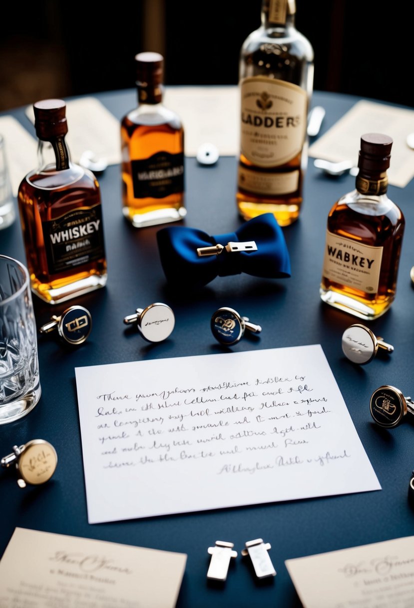 A table with a handwritten card surrounded by a collection of groomsmen-related items such as cufflinks, tie clips, and mini bottles of whiskey