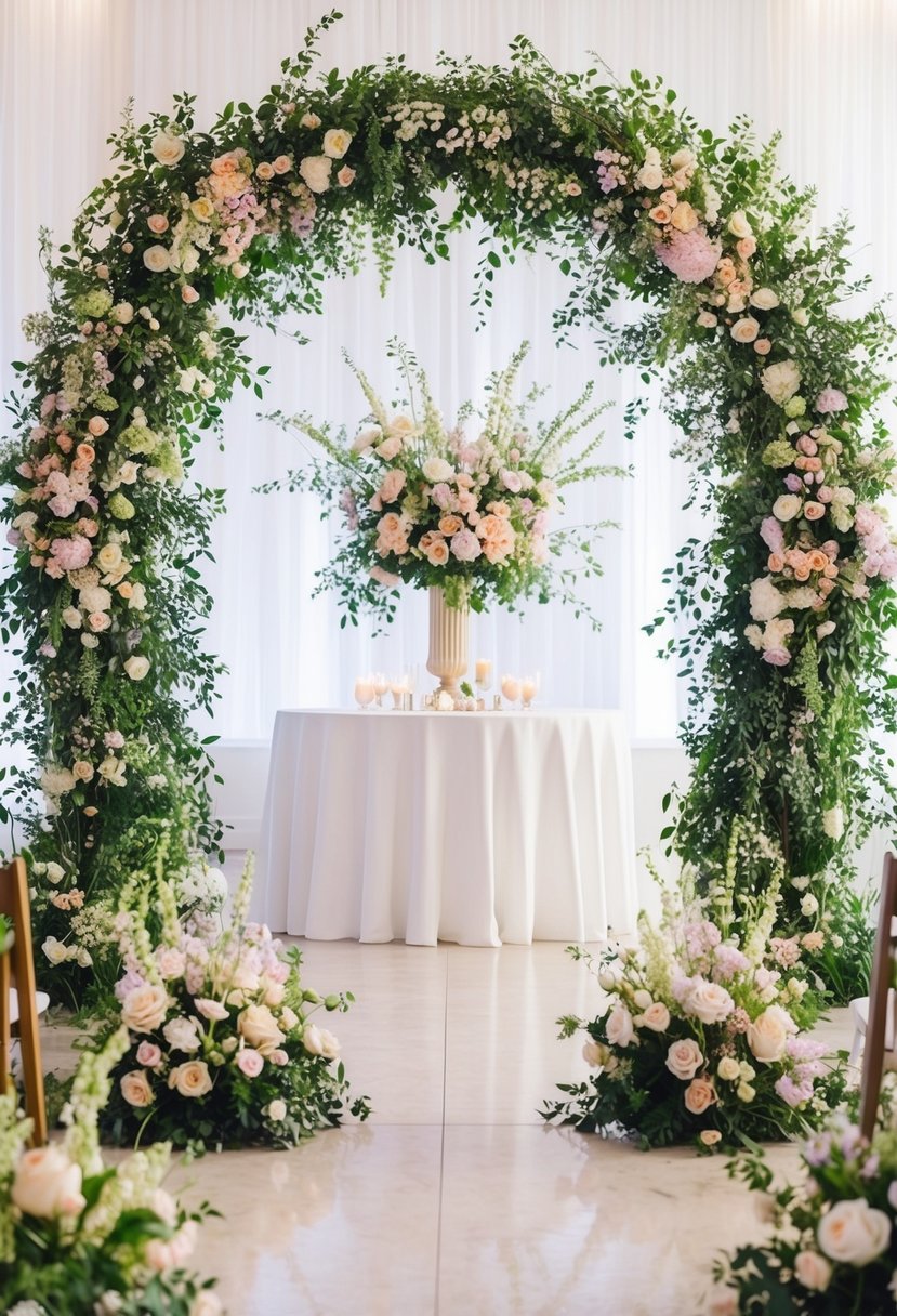 A lush, floral archway frames the ceremony space, bursting with pastel blooms and delicate greenery, creating a dreamy, romantic setting for an Easter wedding