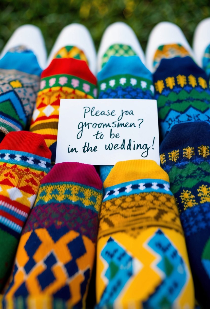 Colorful patterned socks arranged in a neat row, with a handwritten note asking groomsmen to be in the wedding